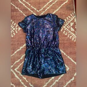 Beautiful girls black/navy sequined romper with zipper in back.